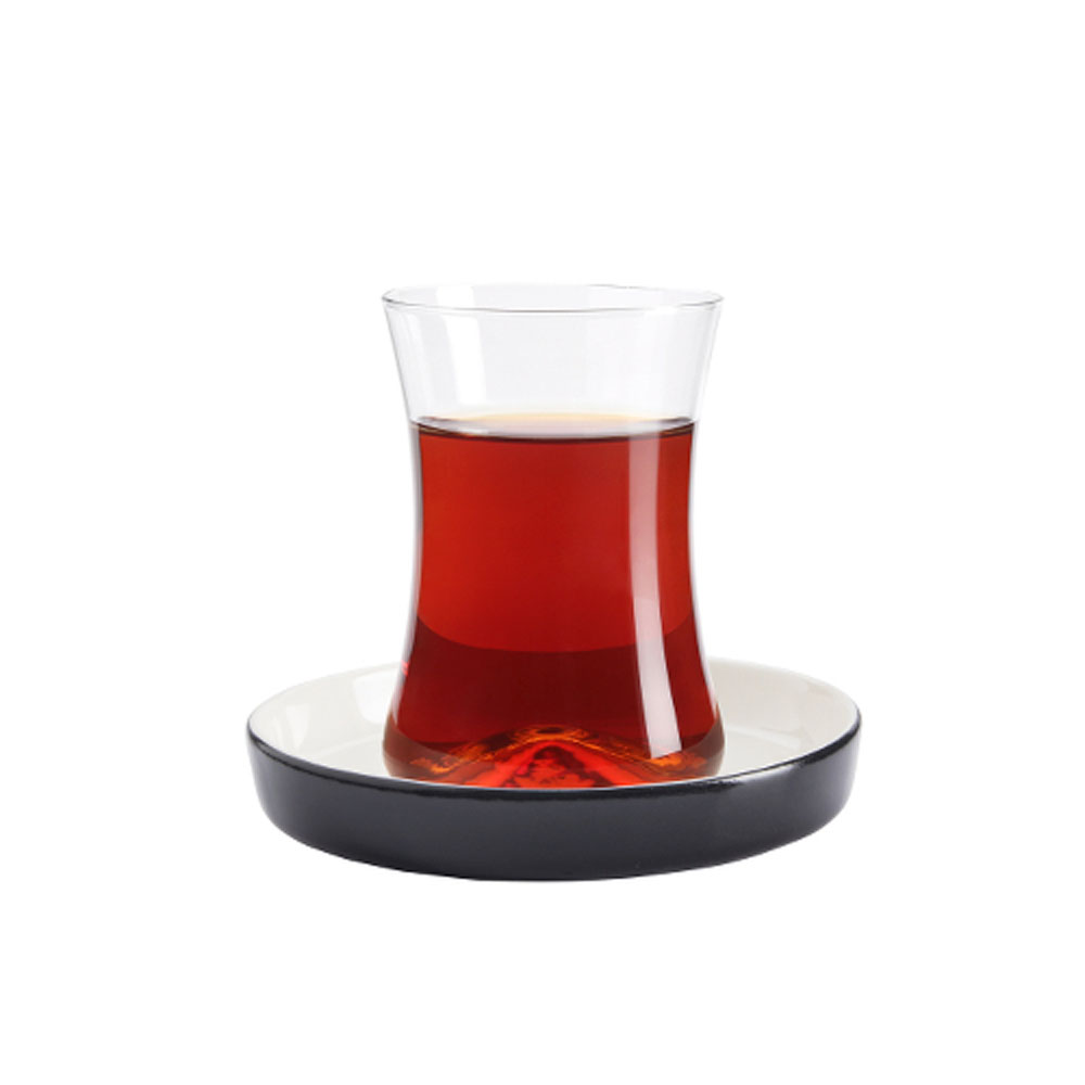Teeglas und Unterteller schwarz, 130 ml, 6er Set